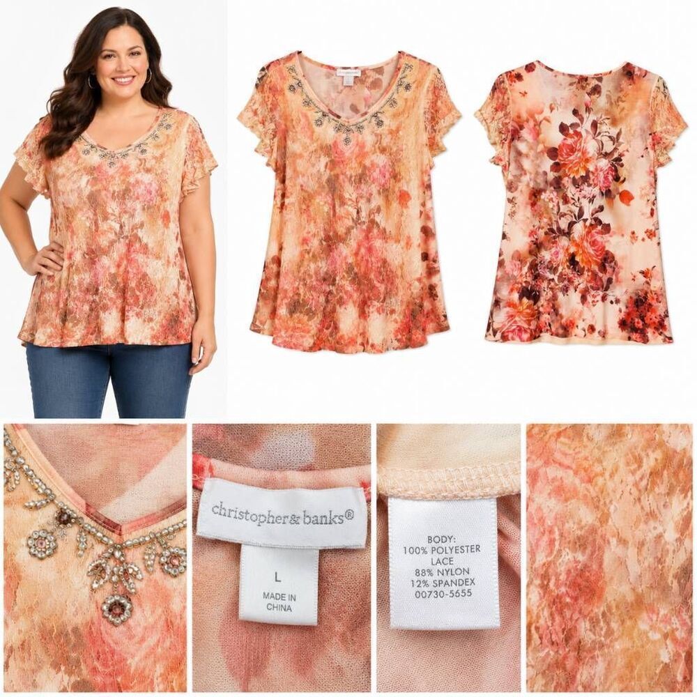 Christopher & Banks Large Peach Lace SS Blouse